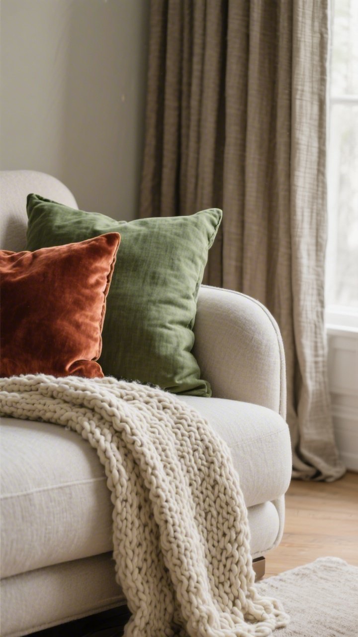 Detail closeup of layered textiles on a sofa: sage green linen pillow, rust velvet pillow, and a chunky-knit cream throw draped over the arm; behind them a glimpse of long curtains that kiss the floor; textures clearly visible—linen weave, velvet sheen, thick knit loops—under soft natural side lighting; photorealistic macro focus on fabric interplay
