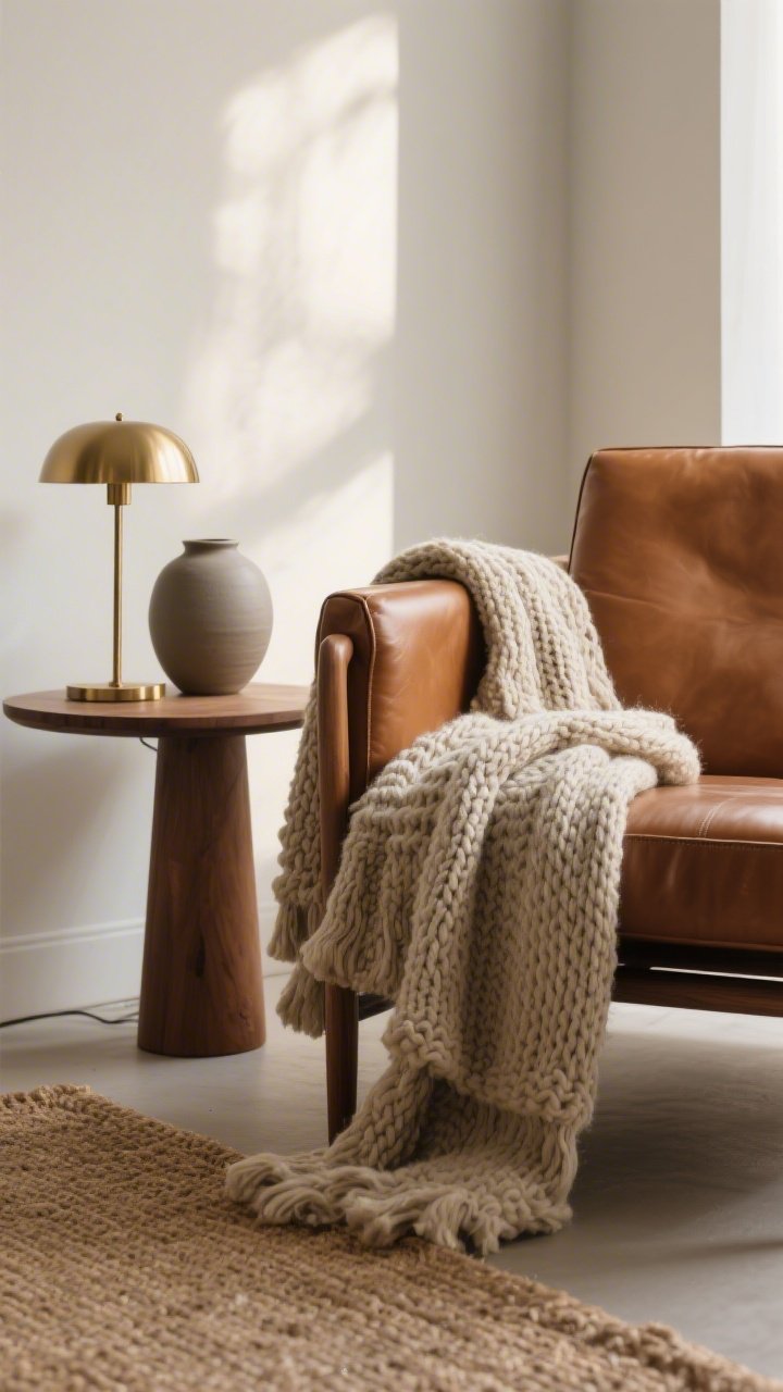 Detail closeup of layered textures: a chunky knit throw draped over the arm of a sleek cognac leather chair, next to a matte ceramic vase and a shiny brass table lamp on a simple wood side table; a jute rug peeking in the foreground, restrained palette of two dominant neutrals with a single accent color; soft diffused morning light emphasizing tactile contrast, shallow depth of field