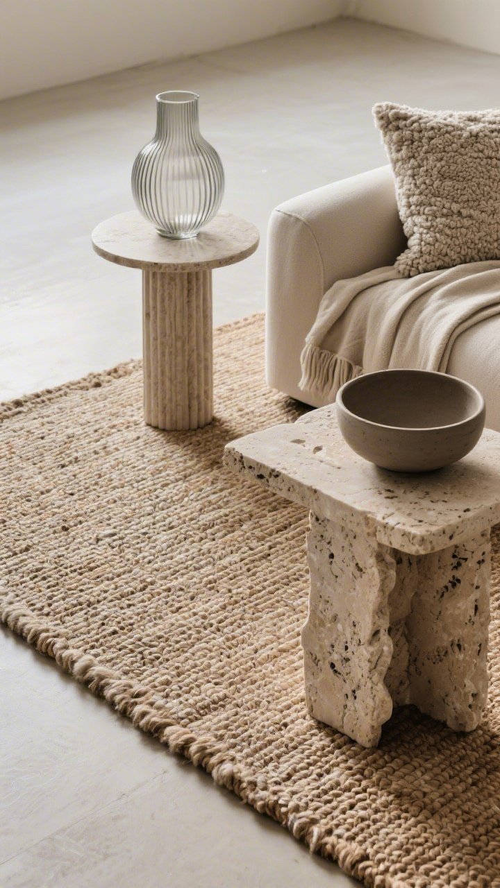 Detail closeup of layered textures: an overhead view of a jute rug under a thicker wool rug edge, a travertine side table topped with a matte ceramic bowl, a boucle pillow and linen throw draped over the corner of a sofa, ribbed glass vase nearby; soft diffuse daylight highlighting weave, grain, and matte finishes, minimal pattern—materials do the talking.