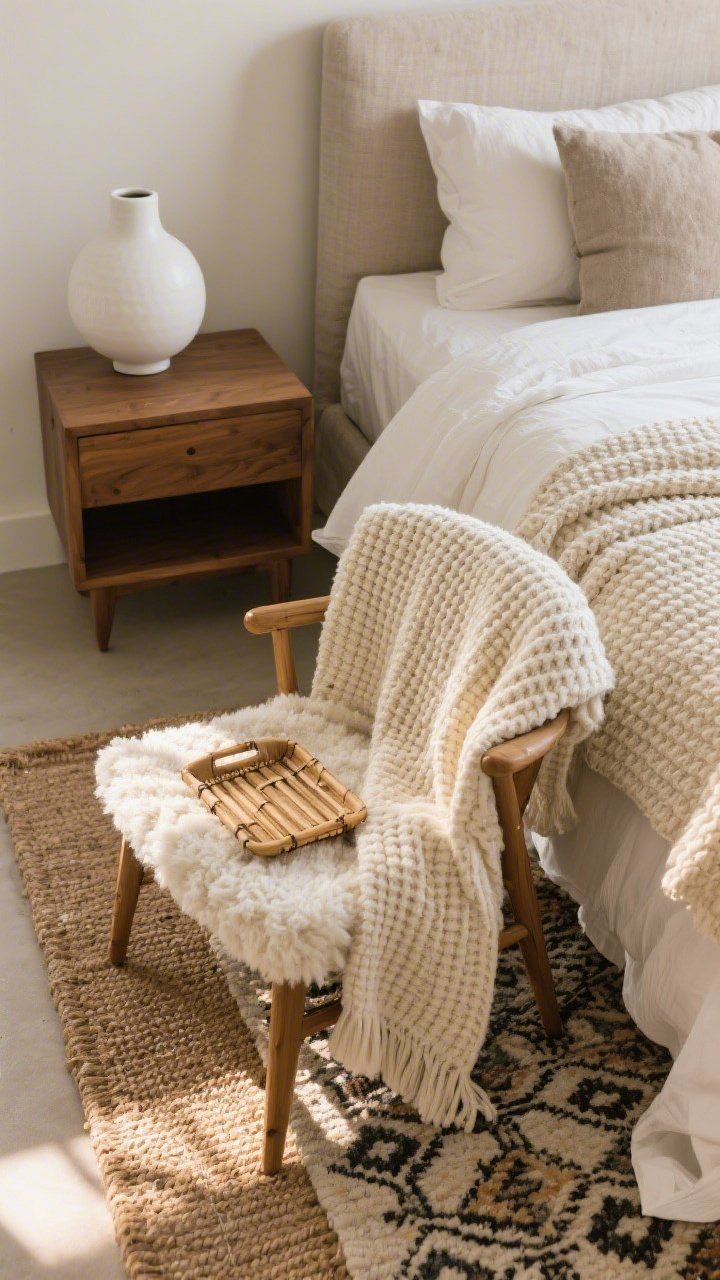 Detail closeup of layered textures on a bed corner and side chair: a waffle-knit throw blanket in cream draped over linen bedding, a faux sherpa throw on a nearby chair, a small bamboo tray holding a smooth white ceramic vase on a wood nightstand; a jute rug underfoot with a smaller patterned rug layered on top; warm afternoon light grazing the materials to emphasize contrast between rough, matte, and sleek finishes.