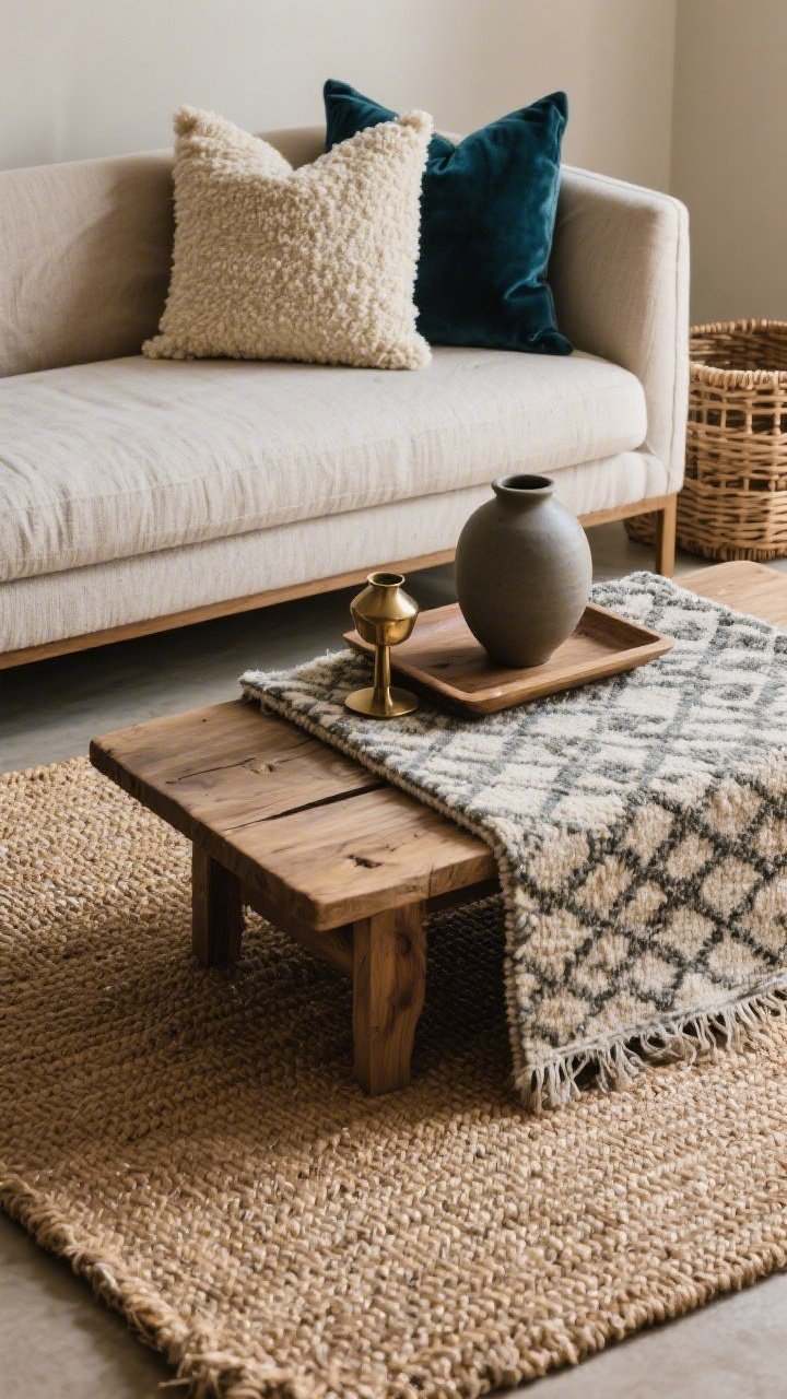 Detail closeup of layered textures on a sofa and rug arrangement: a large natural jute rug with a smaller patterned wool rug layered on top; mixed pillows in bouclé cream, stonewashed linen taupe, and deep teal velvet against a neutral fabric sofa; a raw wood tray holding a ceramic matte vase and a small metal accent in brushed brass; woven basket nearby; soft diffused daylight grazing the textures to emphasize depth; intimate, boutique-hotel feel.