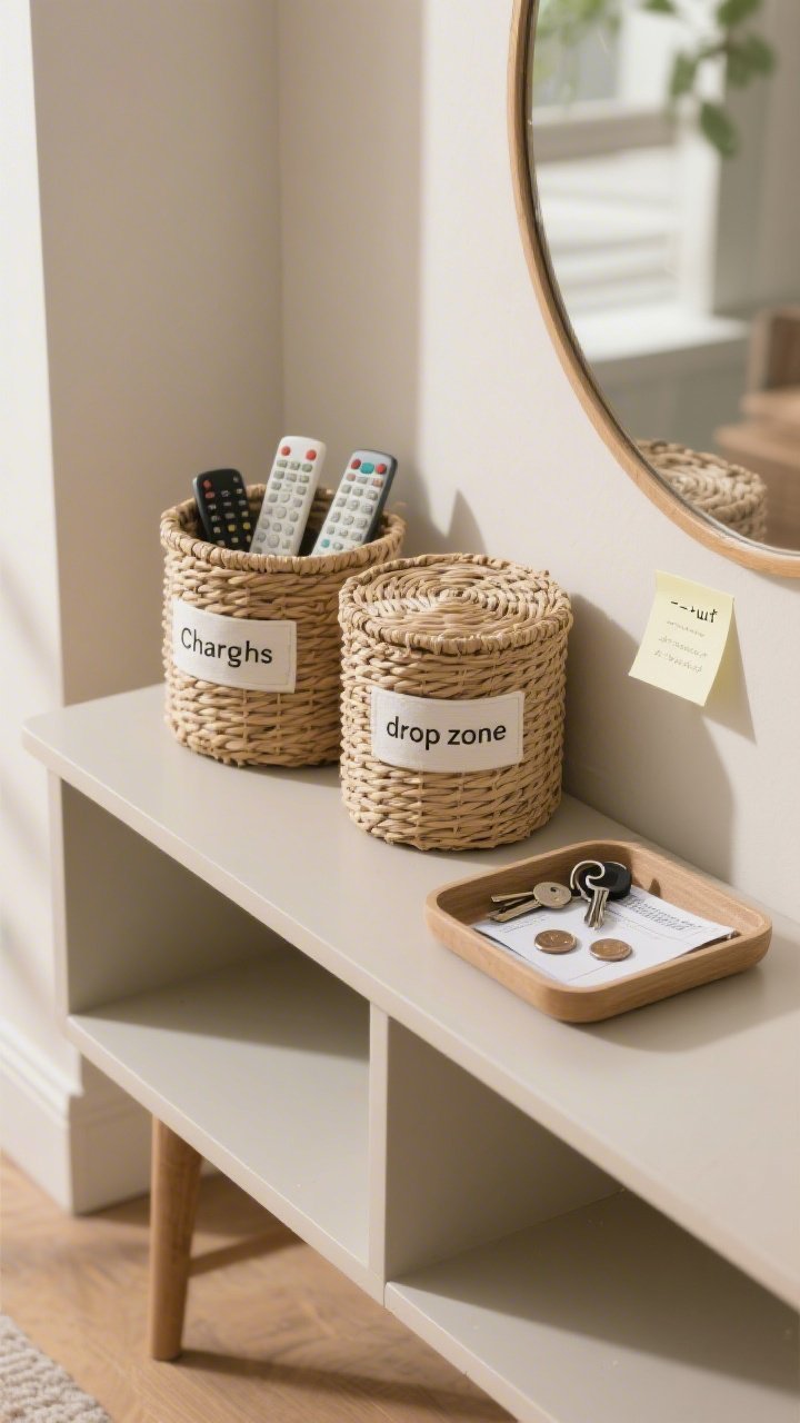 Detail closeup of organized decluttering solutions on a console: two lidded woven baskets labeled for remotes and chargers, a minimalist “drop zone” tray holding keys, mail, and coins, and an empty space beside them signaling restraint; a discreet sticky note hints at a one-in-one-out habit; warm natural light, calm neutral palette, surfaces clean and uncluttered; no people.