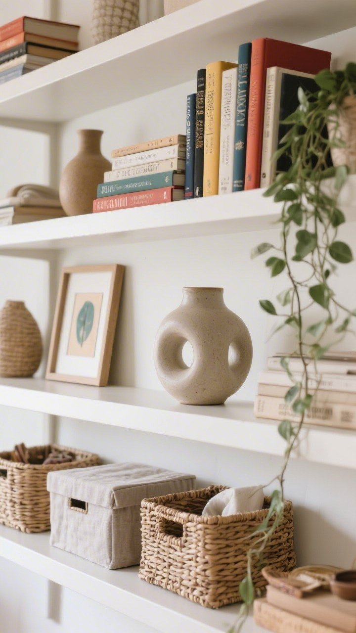 Detail closeup of styled shelves: Books arranged with some color-blocked and a few turned spines-in for a clean look; layered objects including a small ceramic vase, a framed mini artwork leaning, and a sculptural object; woven baskets and fabric-covered boxes corralling small items; a trailing plant adding greenery and softness; rule-of-thirds composition and varied heights; gentle natural light, no people, photorealistic.