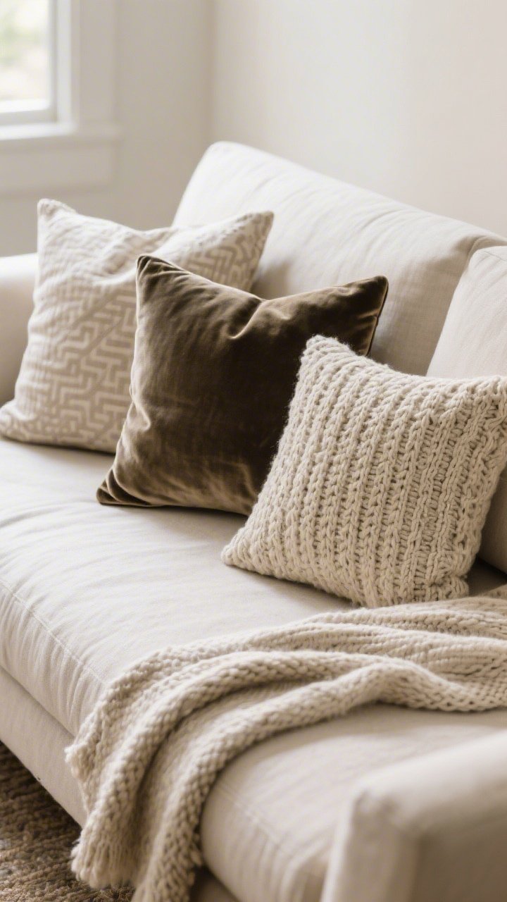 Detail closeup of styled textiles on a neutral linen sofa: three pillows in varied sizes and patterns—one linen, one velvet, one chunky knit—in a cohesive palette; a casually draped throw over the arm, soft natural light emphasizing texture; prompt highlights “swap covers, not inserts” and the rule of three; tactile, cozy, elevated vibe.