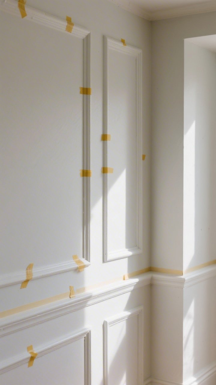 Detail closeup: Peel-and-stick picture frame molding on a wall, with painter’s tape guidelines marking perfect spacing; a lower chair rail line suggests wainscoting; semi-gloss paint on the trim subtly contrasting a satin wall finish; clean mitered corners, afternoon light grazing to show depth.
