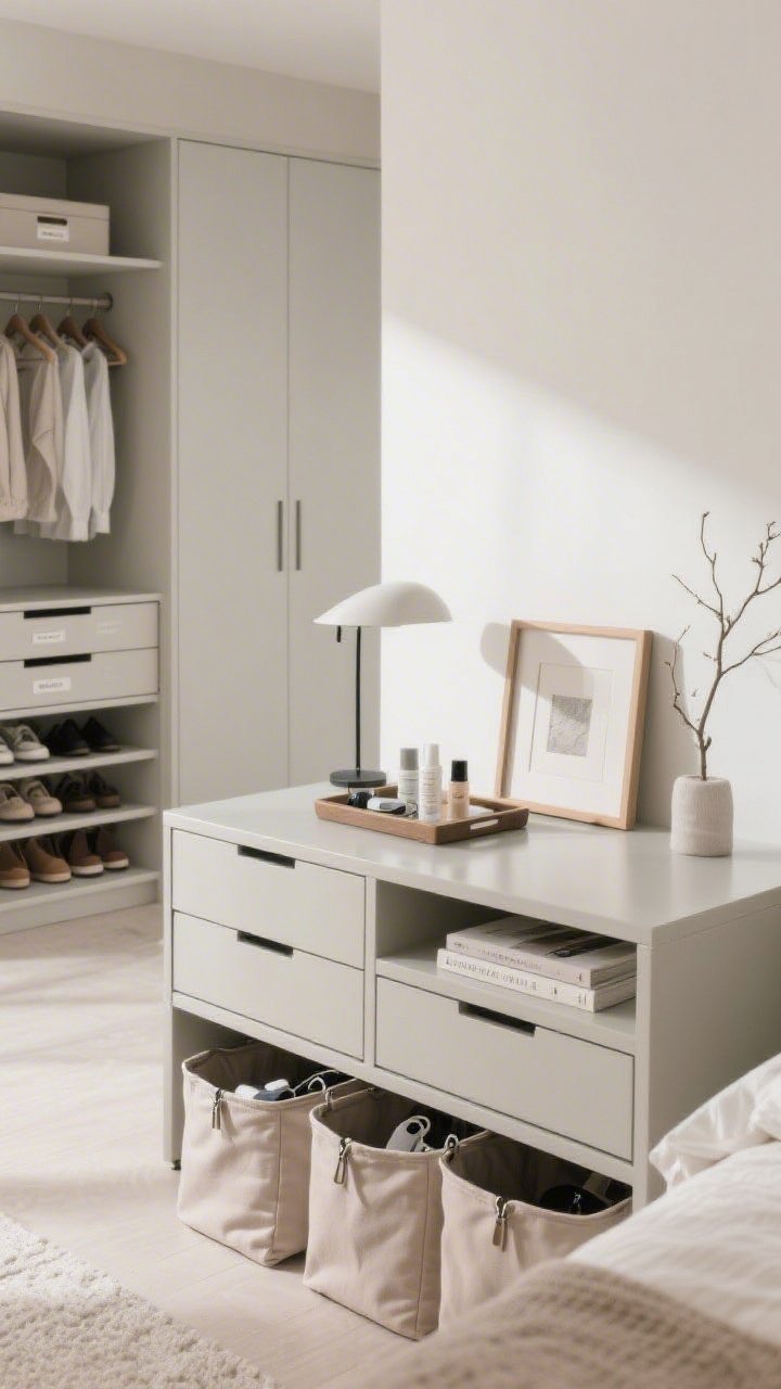 Detail/medium hybrid, straight-on: A stylist-edited storage vignette featuring a nightstand with two drawers (one slightly open showing tidy tech/chargers, the other with skincare and a book), a low-profile tray on top corralling daily items, and soft zippered under-bed bins peeking from beneath the frame. In the background, a closet with matching slim hangers, file-folded drawers, a shelf riser organizing shoes, and simple labels. The dresser top nearby is 60% clear, styled with one lamp, one tray, and one vertical element (framed art or branch). Clean daylight, no clutter. No people, photorealistic.