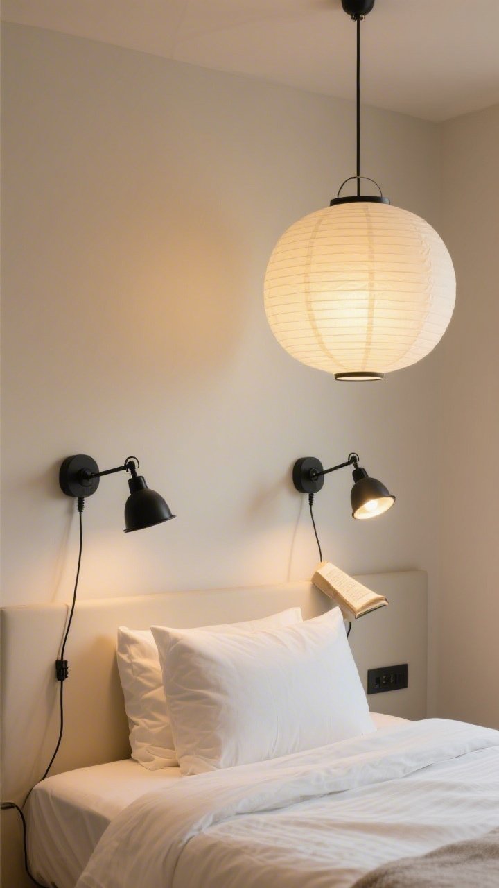 Detail/medium shot focusing on vertical lighting: a pair of black plug-in swing-arm sconces mounted above the bed, clip-on lights attached to a simple headboard for reading, and a large white paper lantern pendant overhead; warm bulbs at 2700–3000K cast a soft golden glow on light walls and linen bedding; cords neatly arranged, boutique-hotel vibe.