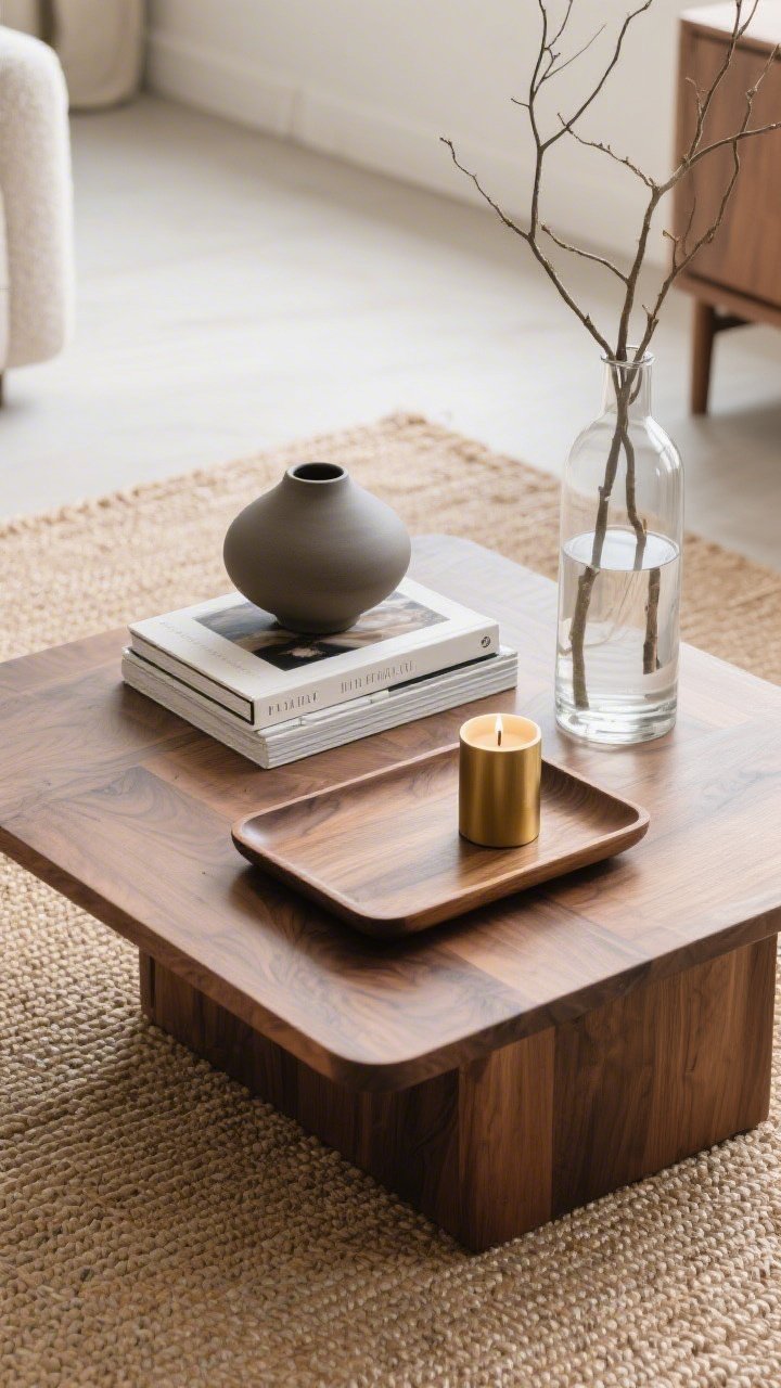 Detail overhead shot of a styled coffee table vignette: a low oak tray anchoring the scene atop a subtle jute rug, two large art books stacked, a sculptural matte ceramic object for personality, a brushed brass candle, and a tall clear vase with minimalist branches for height; repeated materials from the room (oak, brass), balanced height and scale, clean modern composition.