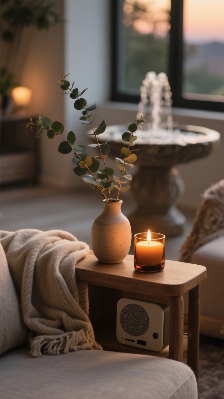 Detail shot: A mood vignette—an amber glass candle with a subtle flame beside a small ceramic diffuser, a sprig of fresh eucalyptus in a vase; a folded soft throw on the arm of a chair, a speaker discreetly playing lo-fi tracks; gentle warm evening light, hints of a tabletop fountain in the background, serene and cozy.