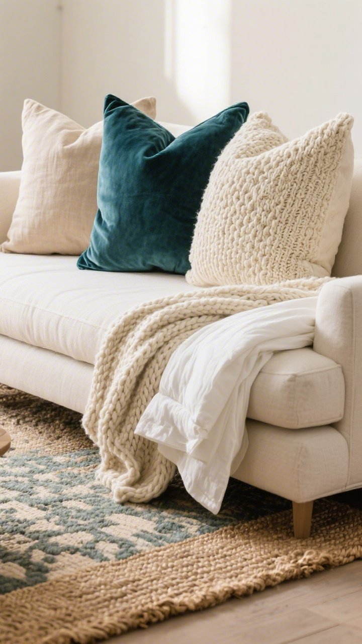 Detail shot focusing on layered textures on a sofa: three throw pillows—linen in oatmeal, velvet in deep teal, boucle in cream—arranged together; a chunky knit throw draped over a crisp white cotton duvet folded on the arm; in the foreground, a layered rug pairing a natural jute base with a muted patterned washable rug; tight color palette of warm neutrals plus teal accent; soft side lighting to reveal texture.