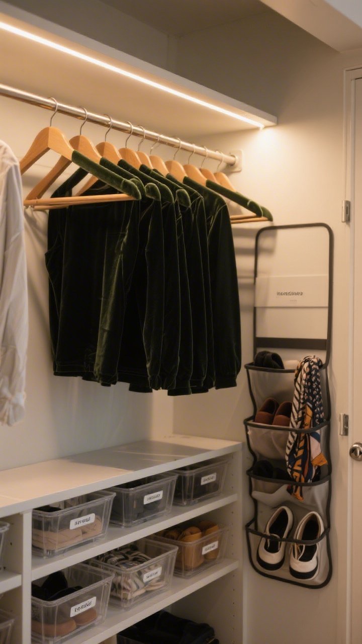 Detail shot inside a small closet glow-up: slim velvet hangers creating uniform rows, a second tension rod installed below to double hanging space, clear labeled bins on the shelf for categories, shelf dividers keeping stacks tidy, an over-the-door organizer with shoes and scarves; motion-sensor LED strip light casting even warm illumination, everything compact and efficient.