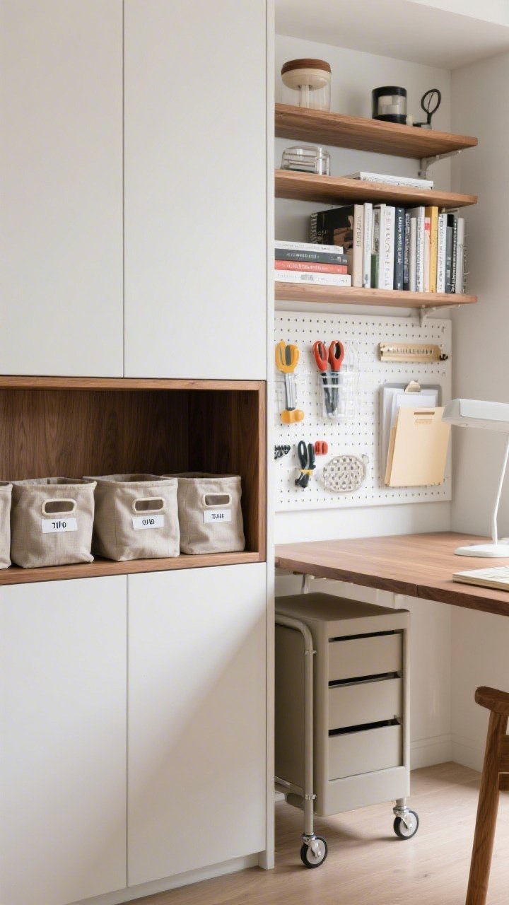 Detail shot: Smart storage close-up showing a 70/30 mix—closed matte-white cabinets paired with a few open oak shelves displaying neatly arranged books and inspiring objects. Labeled fabric bins with clear, minimal labels on a shelf; a pegboard with organized tools, wall files, and a magnetic strip freeing desk space. A compact rolling cart tucked partially under a desk. Soft, even lighting highlights textures and labels. Photorealistic, slightly angled closeup.