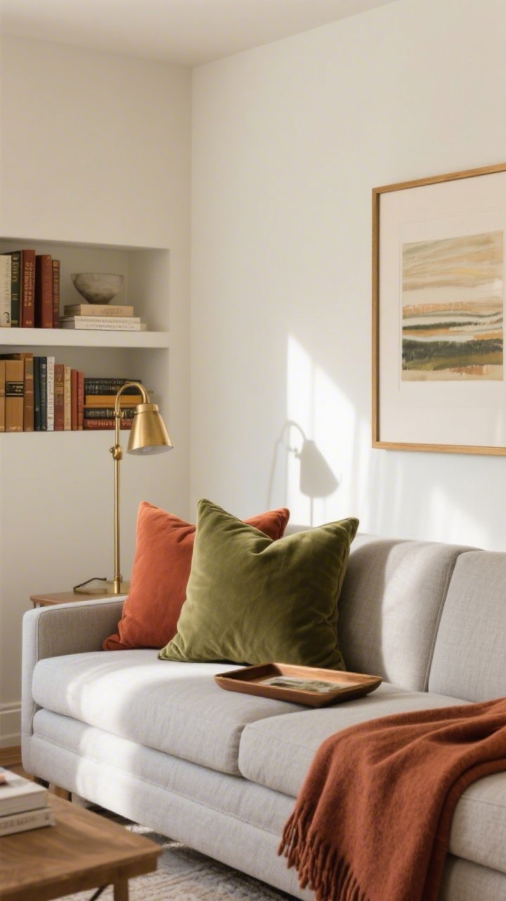 Detail-to-medium shot illustrating a cohesive color story: a vignette with a warm white wall, greige sofa, and accents in sage and rust (pillows, throw, small tray), plus touches of brass on a frame and lamp hardware; repeated colors across books, art, and textiles in the same scene; balanced, calm composition emphasizing intentional palette consistency; late-afternoon natural light, slight angle for depth
