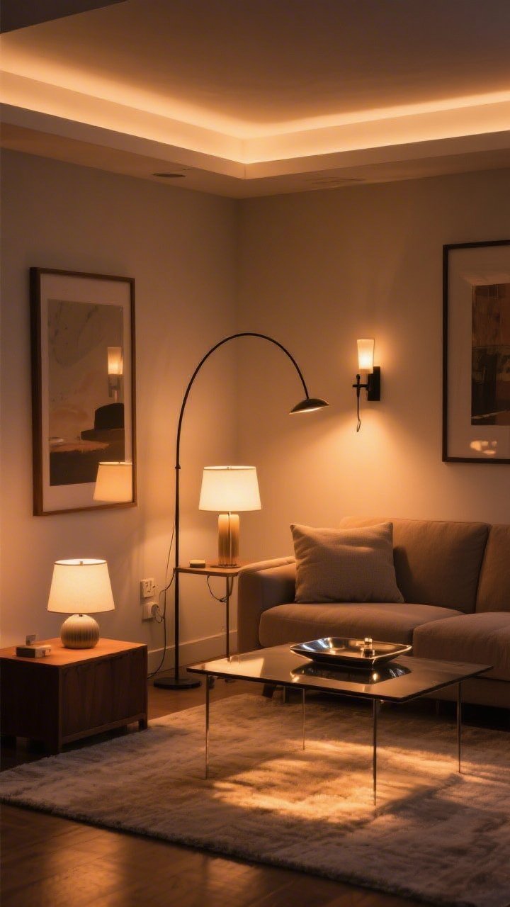 Evening interior, layered lighting detail: A small living room glowing with a warm 2700K–3000K lighting trifecta—ceiling ambient light, a slim arc floor lamp floating over seating, and plug-in sconces flanking art; a reflective tray beneath a table lamp amplifying light; dimmer-like cozy ambience; closeup-medium composition focusing on the lamps, sconces, and warm pools of light across a light rug.