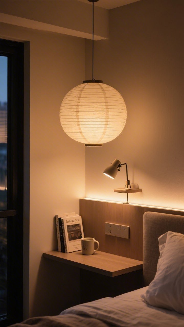 Evening interior, medium shot of a studio corner lit in three layers: ambient glow from a large paper lantern overhead, task lighting from a clip-on lamp attached to a wall shelf illuminating a book and mug, and subtle accent LED strips running under a floating shelf and behind a headboard; swap out a builder-grade shade for a fabric drum visible in frame; warm, cozy color temperature with gentle shadows; corner angle