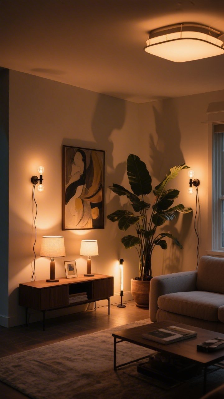 Evening medium shot of a living room corner layered with lighting: warm ambient glow from a ceiling fixture off-frame, two plug-in sconces with exposed cords flanking an art piece, smart bulbs set to warm dimming; a trio of table lamps—one next to the sofa, one on a console, one highlighting art—casting soft pools of light; a small uplight hidden behind a large potted plant creating dramatic leaf shadows on the wall; cozy, inviting mood, no overhead glare, corner angle.