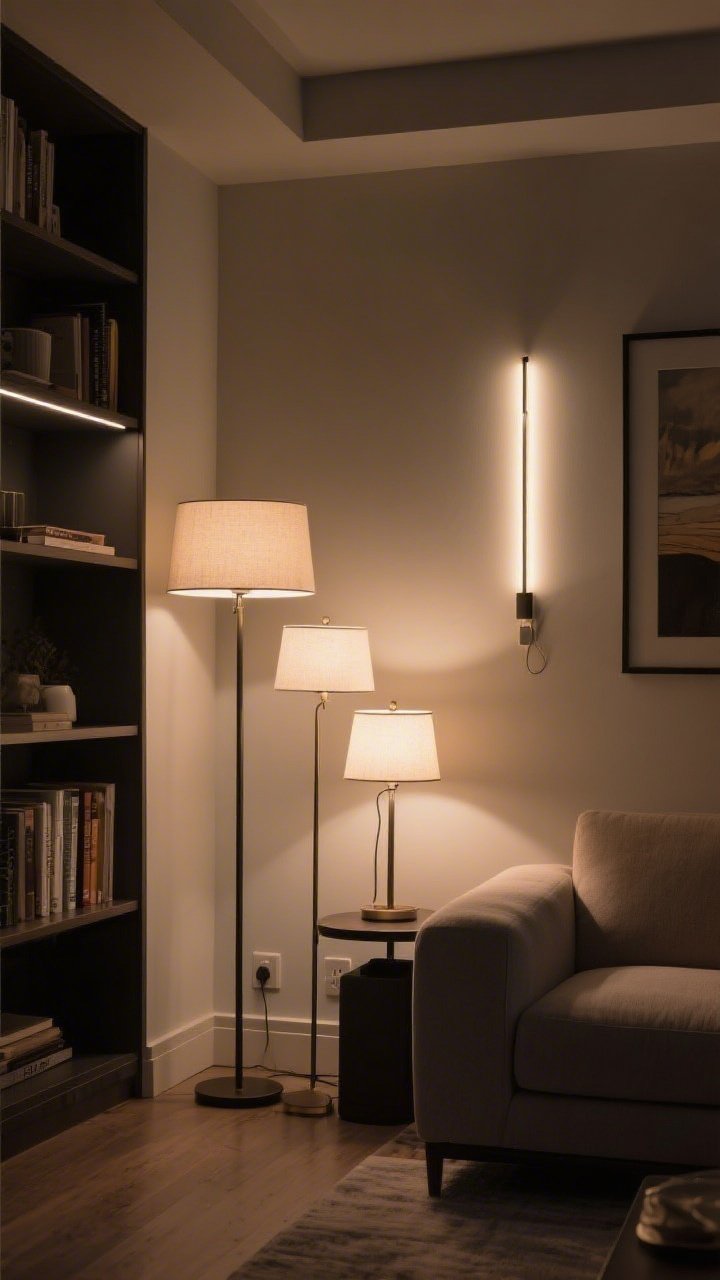 Evening medium shot showcasing layered lighting: a slim, tall floor lamp placed next to the sofa for height and drama; two table lamps at staggered heights with warm white 2700–3000K bulbs casting a cozy glow; accent lighting via a plug-in picture light over framed art and a slim LED strip illuminating a bookshelf; dimmer plug effect visible in the ambiance; no overhead glare