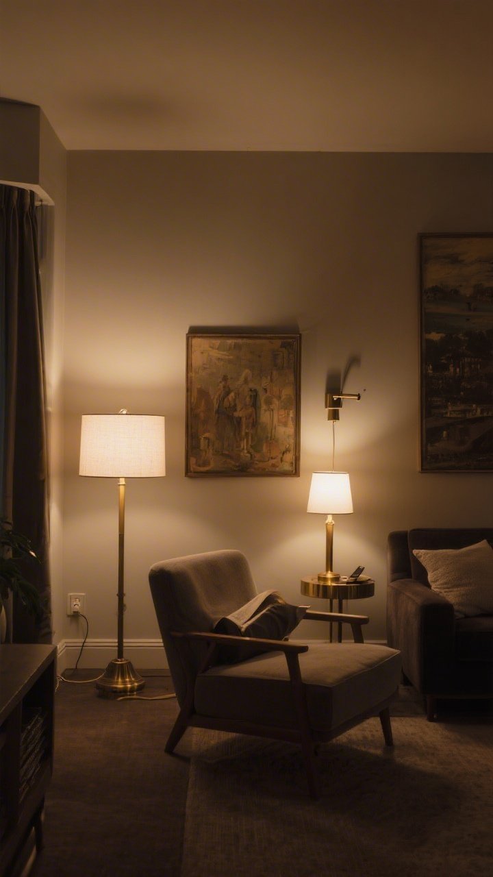 Evening medium-wide: A living room with three lighting layers—ambient glow from a shaded floor lamp on a dimmer, task light from a plug-in sconce by a reading chair, and accent clip-on picture lights washing a thrifted gallery piece. Warm 2700K bulbs create moody, hotel-like atmosphere; mismatched lamp bases unified by similar white shades and repeating brass metal finish.