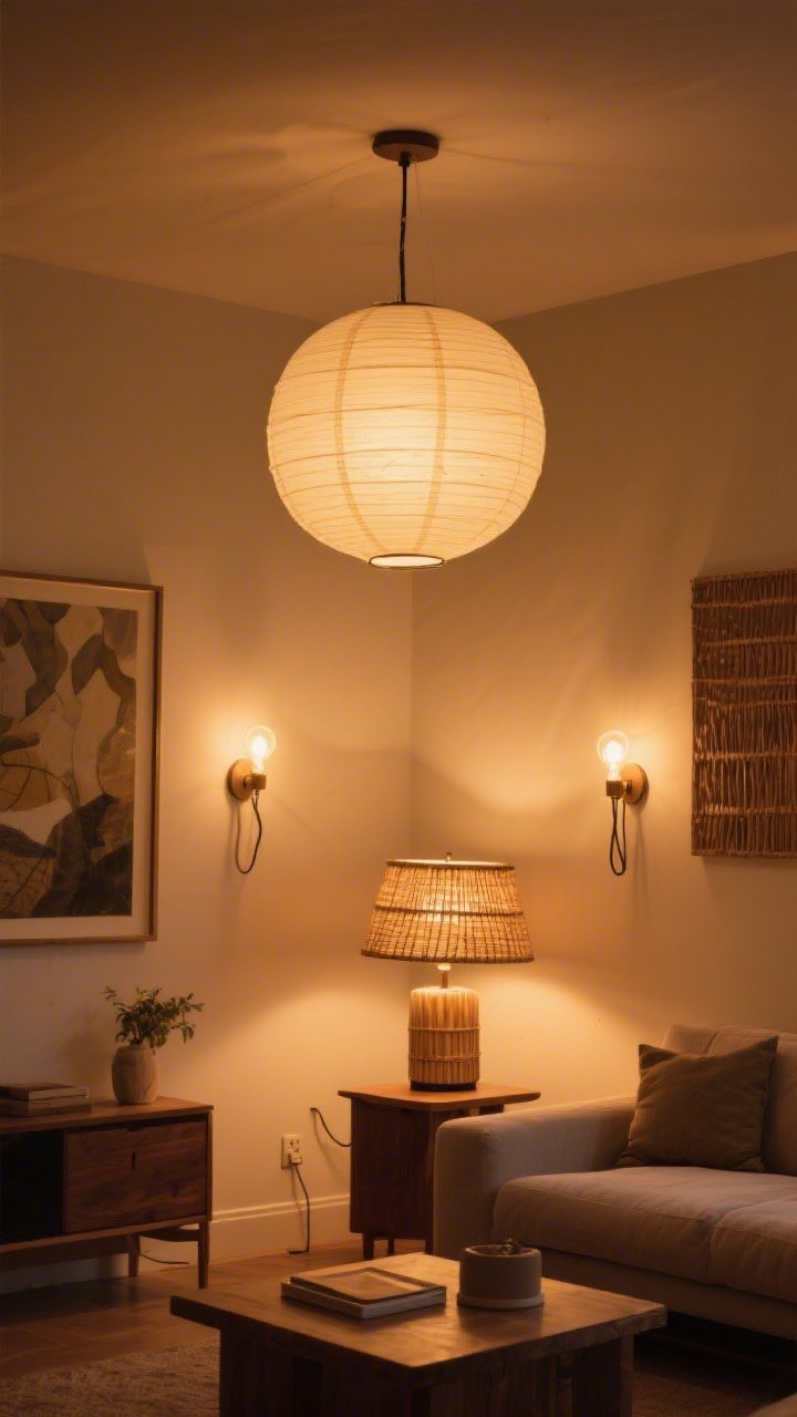 Evening wide shot of a living area glowing with layered lighting: a large paper lantern pendant casting soft diffuse light, two plug-in sconces with cord covers flanking art, and a small table lamp for accent; bulbs set to warm 2700K–3000K; a rattan or bamboo shade on one fixture adding texture; overall golden-hour ambiance with no harsh overhead glare.