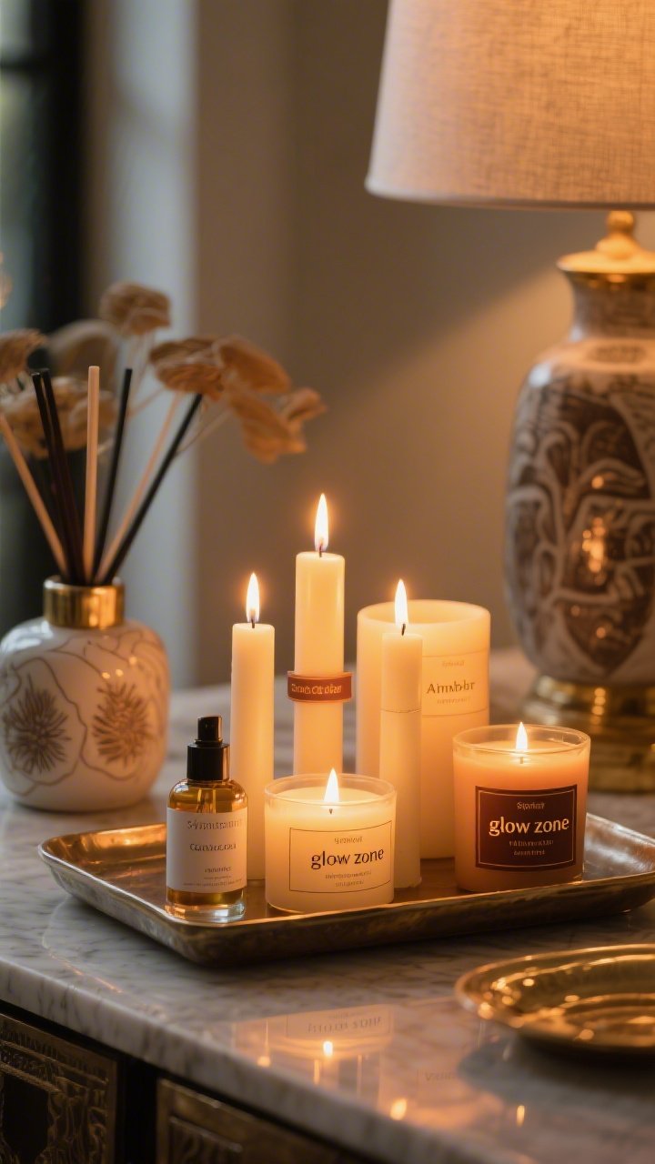 Intimate detail shot of a candle “glow zone”: a cluster of candles of varying heights on a tray, with a signature seasonal scent theme (amber, cedar, tobacco vanilla) indicated by labels; nearby diffuser and a small room spray bottle; warm flicker reflecting off ceramic and brass accents; shallow depth of field, rich, cozy ambience.