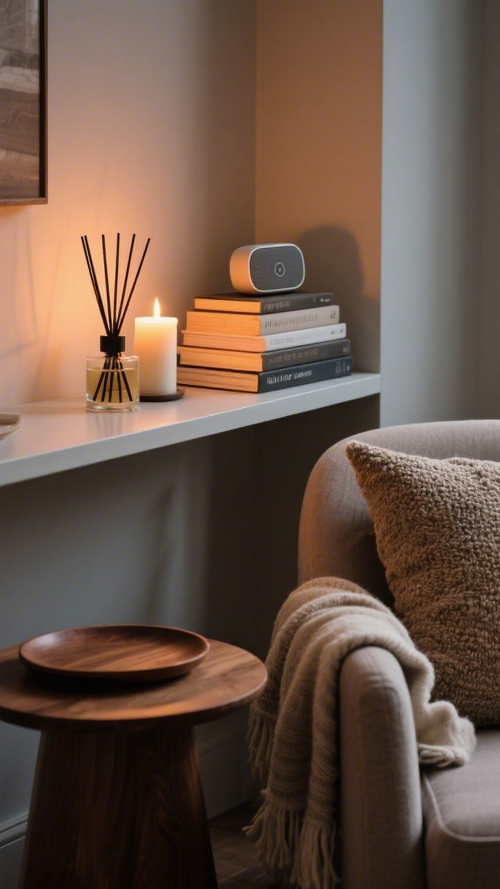 Intimate sensory vignette medium shot: a shelf corner with a lit candle and a reed diffuser establishing a signature scent; a small Bluetooth speaker tucked beside stacked books; texture touchpoints visible—a soft throw draped over an armchair, a nubby pillow, and a smooth wooden tray on a side table; warm, inviting evening light creating calm ambiance