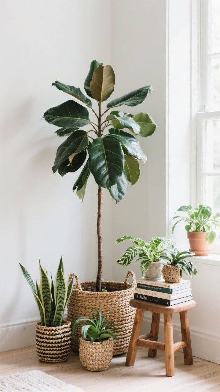 Lush plant-focused medium shot: a tall statement plant (rubber tree or fiddle leaf) in a woven basket planter as a focal point; a cluster of 3–5 small plants with varied textures on a wooden stool and a stack of books near a window ledge; inclusion of low-maintenance options like ZZ, pothos, and snake plant; bright indirect natural light creating a fresh, alive feel