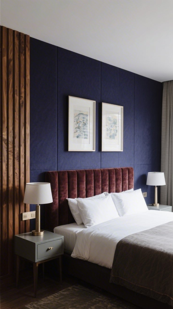 Medium bedroom shot focusing on a headboard wall moment: the entire wall painted a moody, saturated color as backdrop; upholstered peel-and-stick velvet panels behind the bed for luxe softness; vertical wood slats on an adjacent section for height; matching nightstands, 24–28 inch tall lamps, and symmetrical art, hotel-level polish.