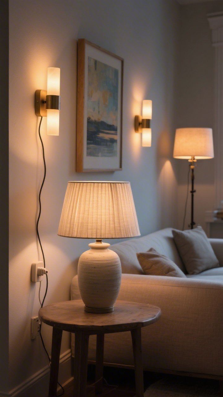 Medium closeup of layered lighting in a cozy living area: a linen pleated lampshade on a ceramic table lamp, plug-in sconces flanking art with a painted cord cover blending into the wall, a dimmable floor lamp in the background; all bulbs glowing warm at 2700K; evening ambiance with soft pools of light and minimal glare, photorealistic