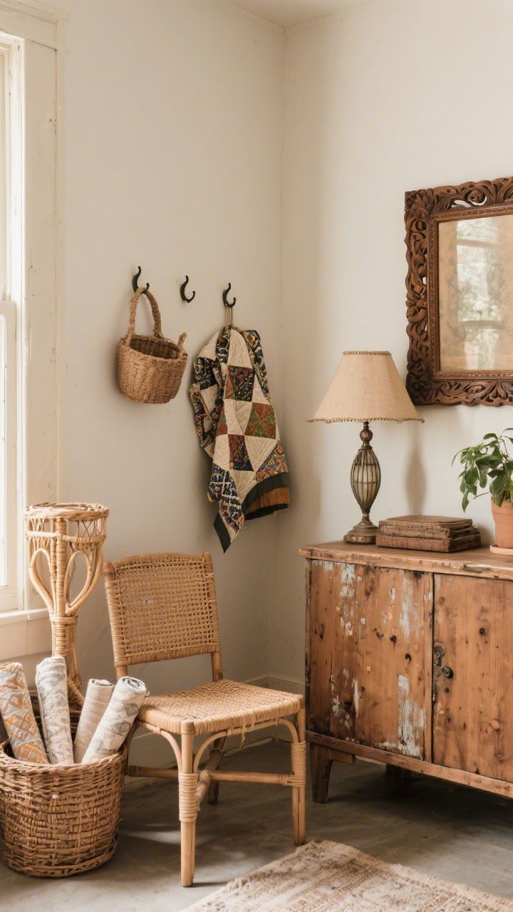 Medium corner shot: a cozy thrifted nook with a vintage solid-wood sideboard (slightly worn finish), a rattan chair with a woven seat, a carved wooden picture frame leaning on the wall, and a quirky vintage lamp; wicker baskets and a rattan plant stand hold rolled textiles; a folded quilt and patterned scarf hang from hooks as potential wall hangings; warm ambient daylight; emphasize patina and character.