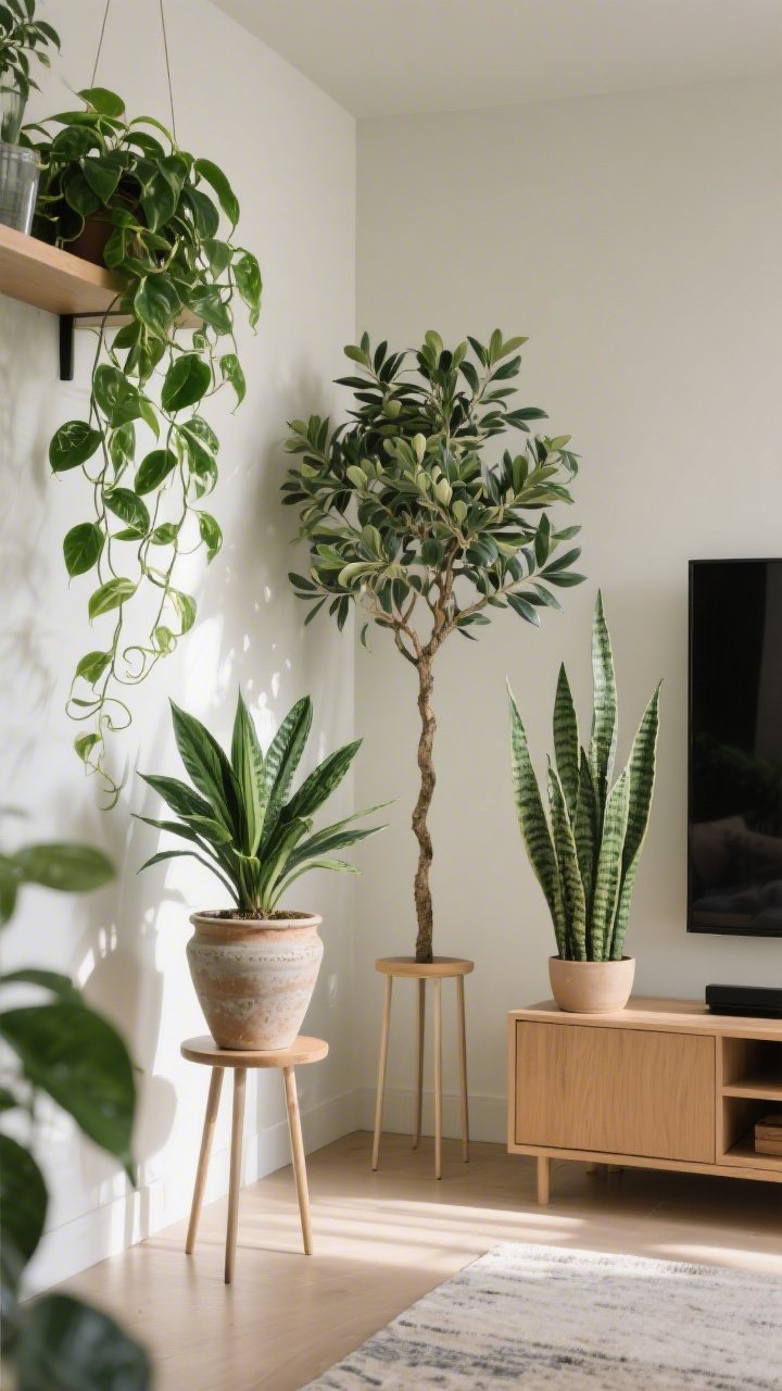 Medium corner shot filled with greenery: a thriving pothos trailing from a shelf, a ZZ plant in a ceramic pot on a low stand, and a tall snake plant with architectural leaves beside a media console; for low-light realism, a quality faux olive tree stands in the opposite corner; add a simple plant stand to vary heights; gentle indirect daylight, calm and fresh mood.