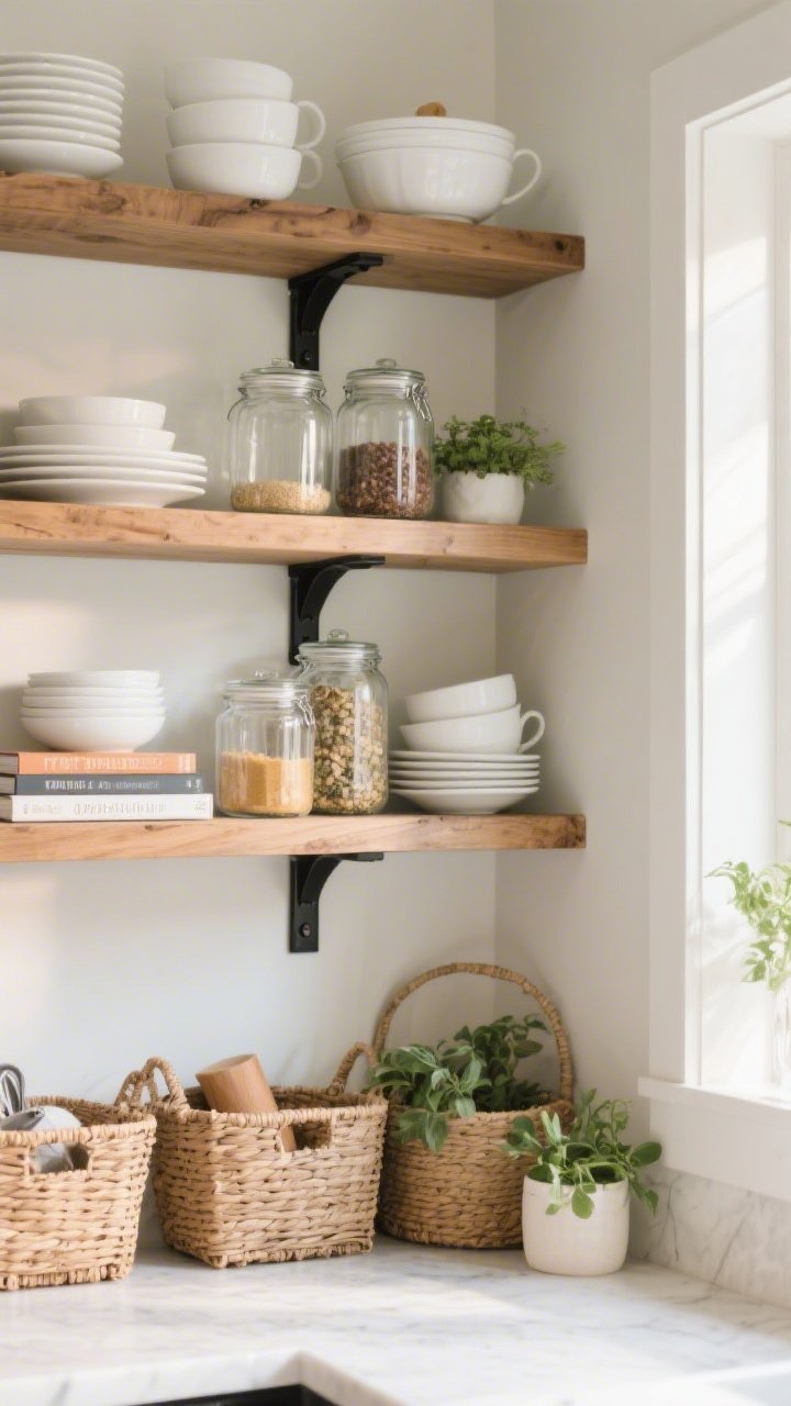 Medium corner shot of open wood shelves with black metal brackets; styled with white dishes, clear glass jars of pantry staples, a few cookbooks, and small pops of greenery; wicker baskets corral smaller items; varied heights and textures repeated in threes for rhythm; soft morning light.