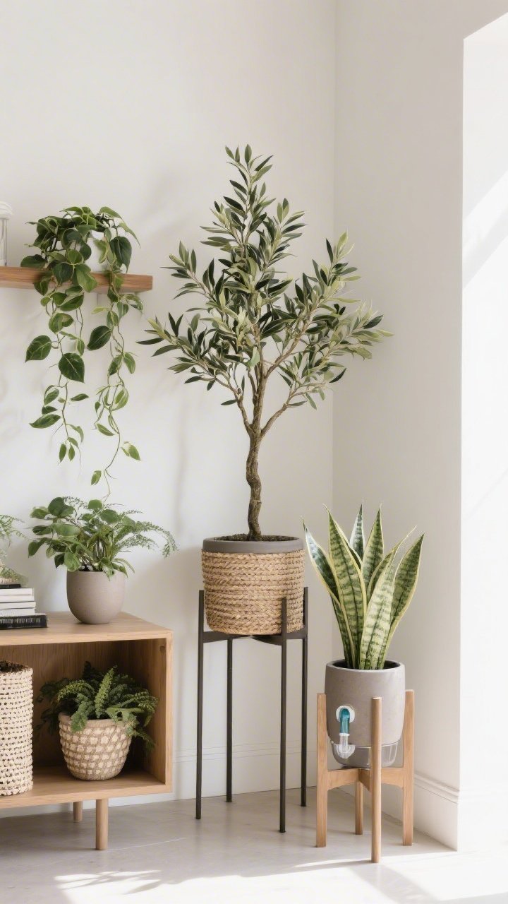 Medium detail: A cluster of plants mixing real and faux—a tall faux olive tree on an elevated stand for height, a trailing pothos on a shelf, and a snake plant in a self-watering planter; varied textures of matte ceramic and woven planters; bright indirect daylight bringing color and life to a bare corner.