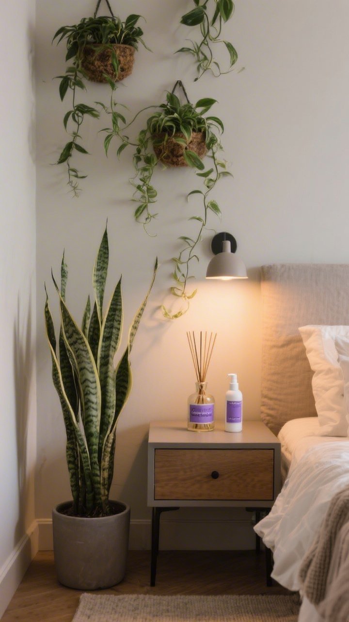 Medium/detail shot of finishing touches: a small bedroom vignette with trailing plants in wall planters drawing the eye upward, a hardy snake plant in a simple matte pot on the floor for low light, and a single stem in a bud vase on a nightstand; a reed diffuser and linen spray bottle with labels indicating lavender/cedar/clean cotton; warm cozy lighting, realistic plant textures.