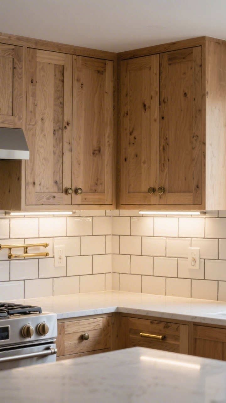Medium kitchen view highlighting cabinet hardware and backsplash: fresh mix of knobs on uppers and bar pulls on lowers in aged brass; modern stacked subway tile backsplash with slightly darker grout; rechargeable under-cabinet LED bars creating a sleek task-light glow; cabinets looking renewed with a cleaned-and-waxed wood finish, no repaint.