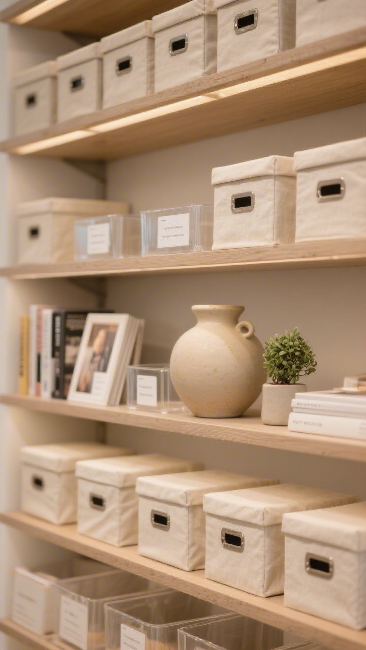 Medium shelf vignette of styled storage-as-display: open shelving with 70% closed storage—matched lidded boxes in linen and clear acrylic bins—paired with 30% curated display items (ceramic vase, a few art books, a small plant); discreet minimalist labels on containers; repeated materials for cohesion; warm ambient light and tidy composition that looks like a boutique shop display.