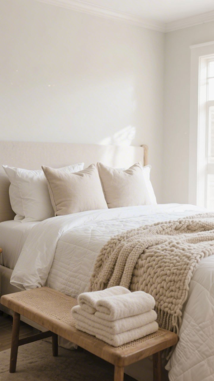 Medium shot: A bedroom refresh focusing on soft goods—neutral base bedding with white sheets, an oatmeal quilt, and a chunky textured throw at the foot; two pillow sizes: Euro shams propped behind standard pillows; matching color story extends to neatly stacked plush towels on a bench; soft morning light, crisp and inviting, photorealistic.