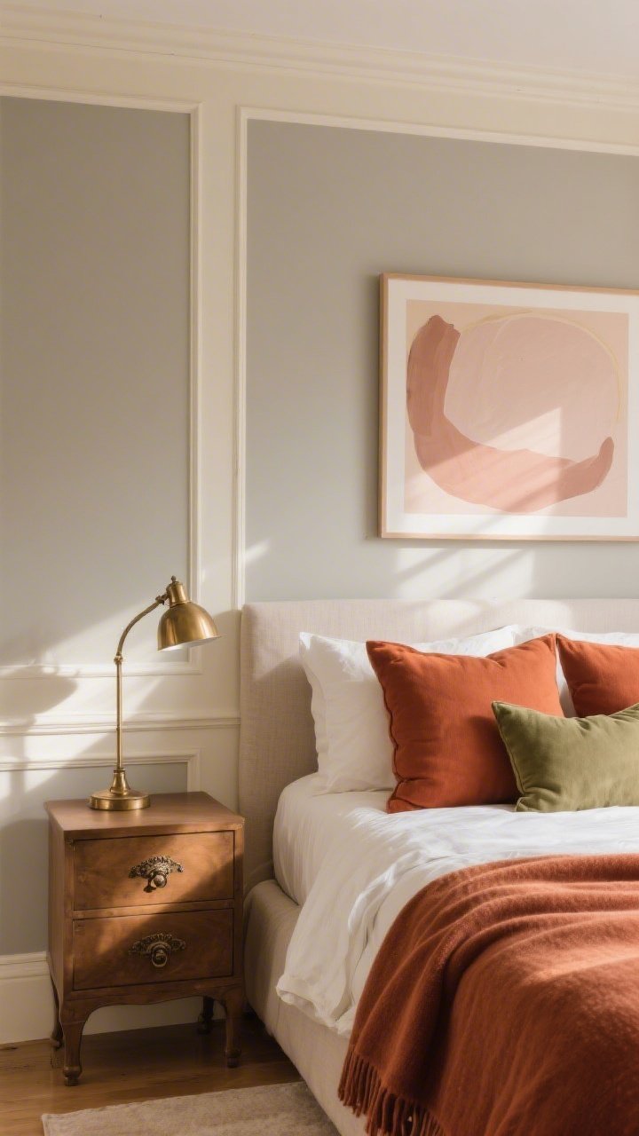Medium shot: A bedroom vignette emphasizing a warm color palette—walls painted soft greige with creamy white trim; accents in rust and terracotta through pillow covers and a throw; olive and muted blush art print on the wall; brass table lamp and antique bronze drawer pulls; sunlight filtering softly, creating a cozy, warm-toned mood, photorealistic.