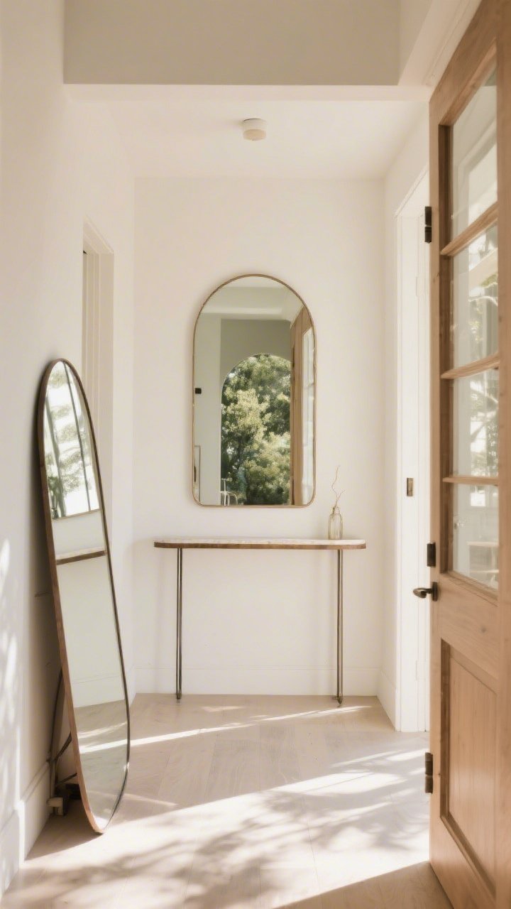Medium shot: A bright entryway with a statement arched mirror above a slim console, reflecting natural light; an oversized floor mirror leaned casually in an adjacent corner adding depth; console styled minimally; warm, airy ambiance with soft shadows; no people.