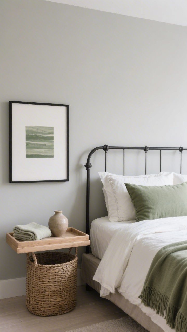 Medium shot: A calm, color-coordinated vignette beside the bed; main neutral wall in greige, bedding in cream, accent touches of sage in a throw and pillow, and matte black metal picture frame; texture tone added with a light oak tray and rattan basket; small repeated color hits in art, a ceramic vase, and a folded throw; balanced, cohesive palette reducing visual noise.