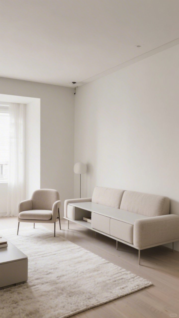 Medium shot: A compact living room with a slim sofa floated a few inches off the wall, a petite armchair creating a mini conversation zone, and a narrow console table behind the sofa for storage; clear 30-inch pathways around pieces; neutral palette with light-toned rug; straight-on perspective emphasizing intentional furniture float and depth; soft ambient daylight.