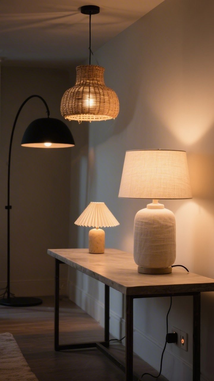 Medium shot: A console table vignette with a linen-shade table lamp glowing at warm white 2700K, a pleated paper shade on a nearby small lamp, and a rattan pendant overhead; all bulbs match in warm color temperature; a discreet plug-in dimmer on the cord; evening ambience with layered lighting (overhead, table, and a black arc floor lamp in the background), no harsh glare, photorealistic.