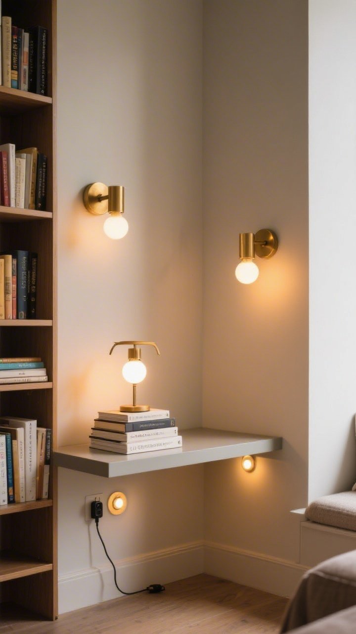 Medium shot: A cozy reading nook with plug-in brass sconces flanking a bookshelf, a table lamp perched on a short stack of books atop a side table, warm smart bulbs set to 2700K casting a golden glow, and discreet battery puck lights illuminating the underside of a floating shelf; corner angle composition for depth.