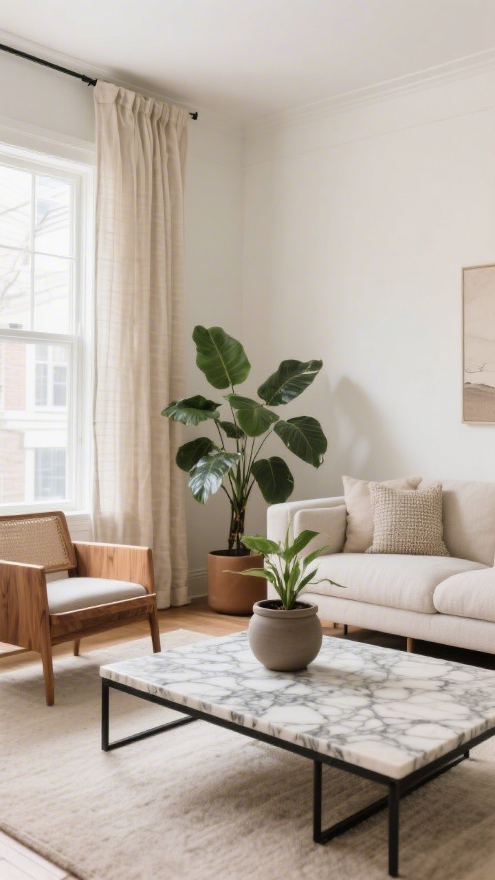Medium shot: A customized take on a popular Pinterest living room—north-facing space styled with warmer tones (cream walls, warm oak, beige linen drapes), marble look translated to a ceramic stone-look coffee table, patterns and furniture scaled down for a smaller room; formula visible: wood + linen + black metal + greenery; single large plant in a matte ceramic planter; diffuse cool daylight balancing the warm palette; slight corner angle.