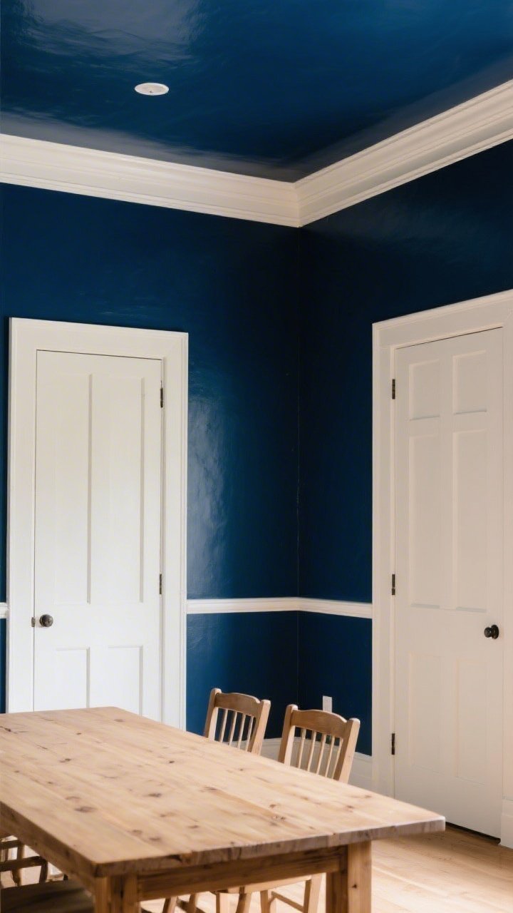 Medium shot: A dining room with deep, moody inky blue walls and a slightly glossy matching ceiling for subtle drama. Trim and doors painted a contrasting crisp creamy white. If visible, a chair rail separates a darker lower half from the upper wall for added depth. Natural textures—like a light oak table—pop against the color. Soft daylight enhances the paint sheen and color contrast. Corner angle that highlights the painted trim, doors, and ceiling.