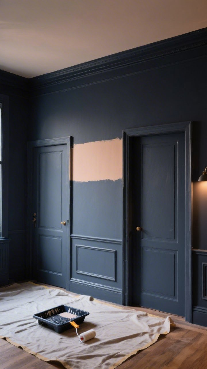 Medium shot: A freshly painted color-drenched room where walls, trim, and doors share one deep, moody matte hue; a mid-height contrasting color block on one feature wall and a softly tinted ceiling; paint tray and roller on a drop cloth in the foreground, warm ambient lighting enhancing the matte finish and luxe vibe.