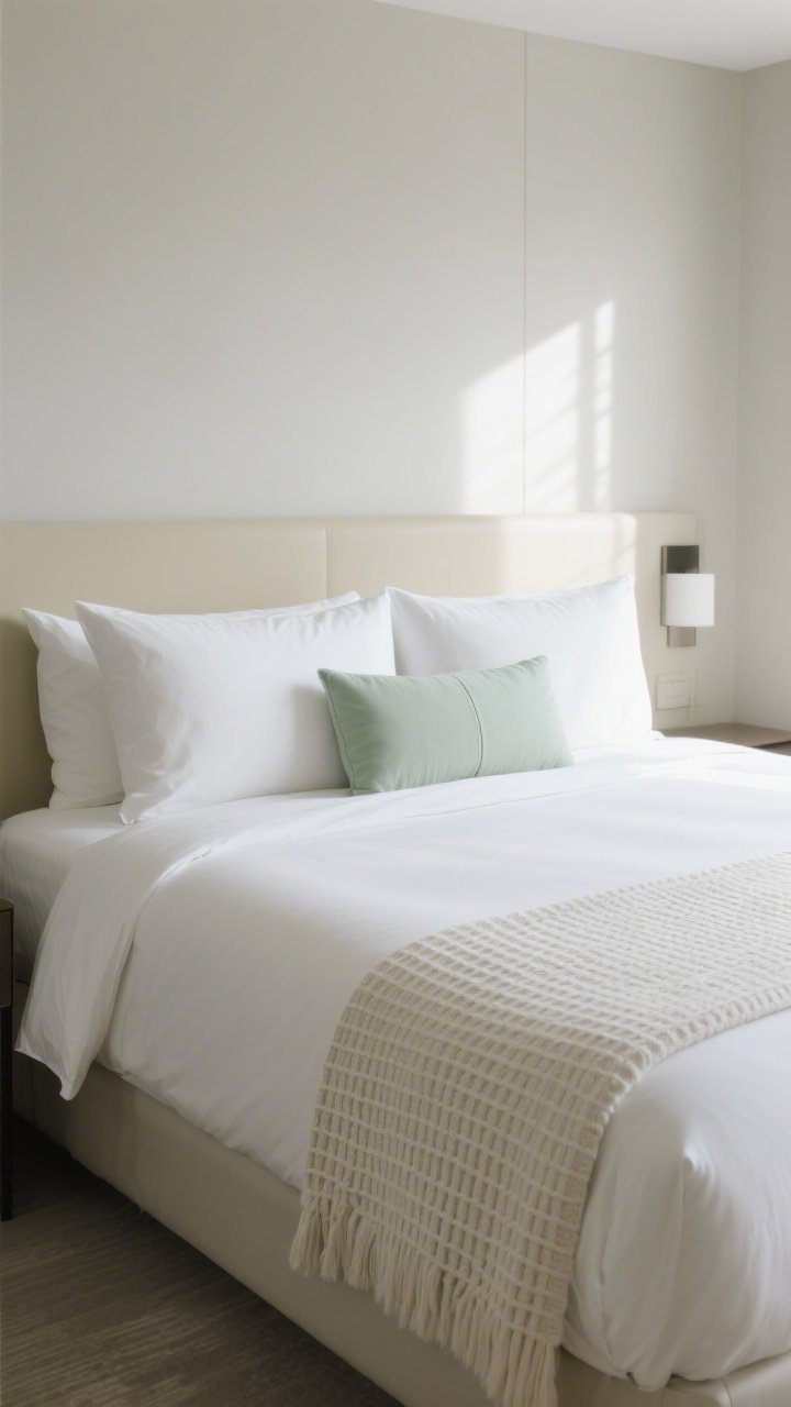 Medium shot: A hotel-styled bed as the focal point; crisp white sheets, a textured waffle knit throw folded at the foot, pillows arranged with 2 sleeping pillows, 2 euro shams, and 1 long lumbar; limited palette of white, cream, and sage; soft natural daylight from one side creating a calm glow; smooth, tailored bedding emphasizing neatness and simplicity.