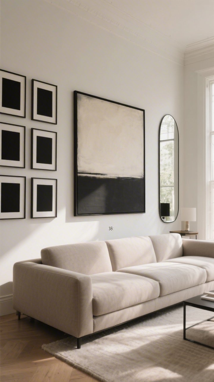 Medium shot: A large art moment over a sofa following designer guidelines. One oversized canvas (roughly two-thirds the width of the sofa) centered at 58 inches from the floor, with clean black frame and a single-tone palette. Alternatively, a tight, cohesive gallery wall in black frames with same-color mats is visible on an adjacent wall, pre-laid symmetrical rhythm. Include a tall mirror on the opposite side to bounce light. Warm daylight fills the room, straight-on view, with clear sense of scale against the furniture. Photorealistic.