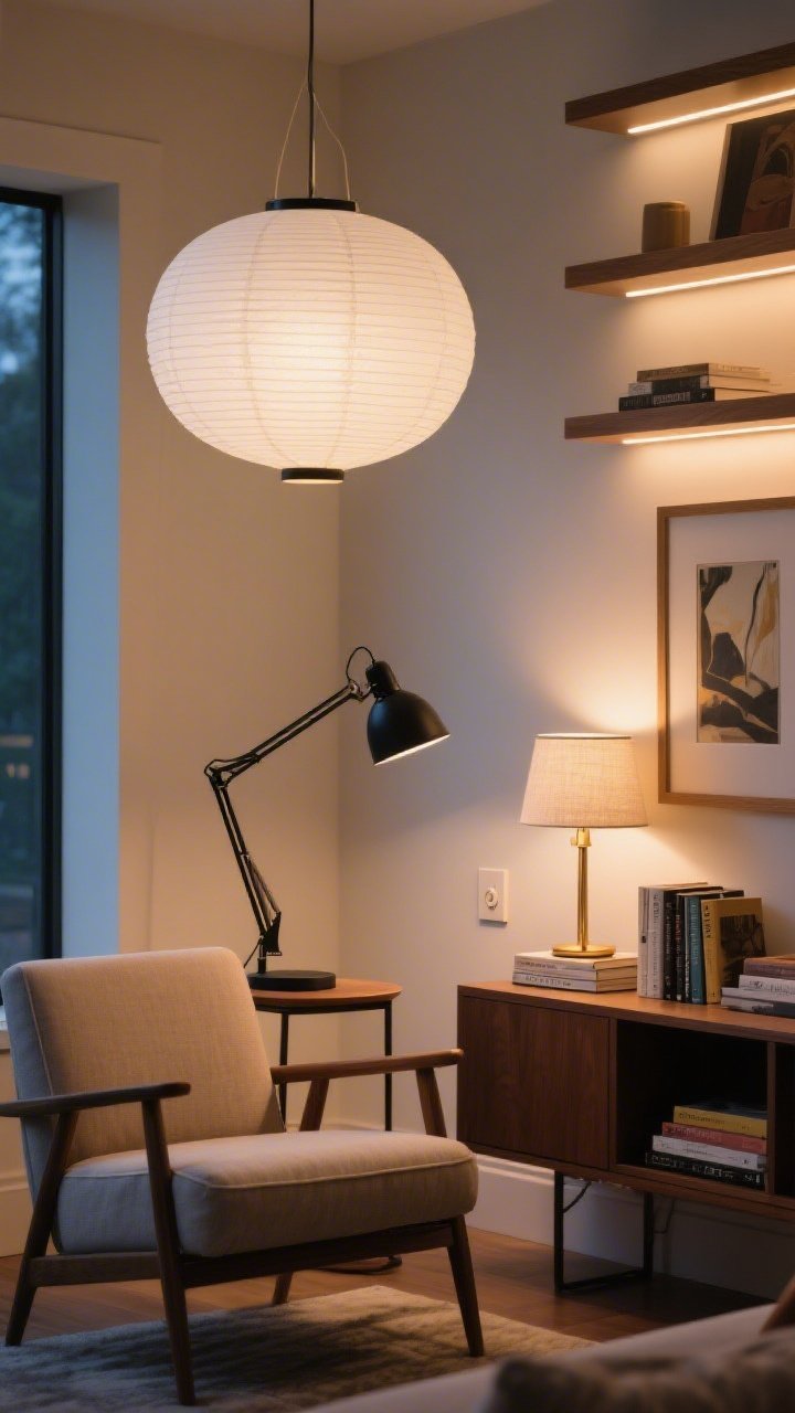 Medium shot: A layered lighting vignette in a modern living area showing ambient, task, and accent lighting together. A large white paper lantern pendant provides warm ambient glow (2700–3000K), a matte black adjustable-arm task lamp illuminates an armchair and side table, and a slim brass picture light highlights framed artwork above a console. LED strip lighting warms the shelves, and a petite linen-shade lamp sits atop a stack of books. Include visible dimmer switch on the wall, with mixed shades—linen softens, a small metal shade sharpens. Evening scene with warm color temperature, corner angle, photorealistic.