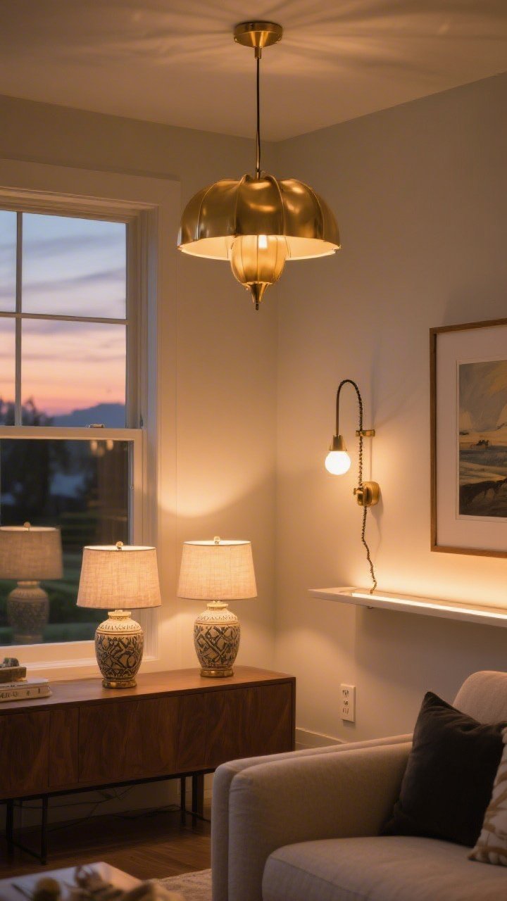 Medium shot: A living room corner showing layered lighting—an elegant brass statement pendant overhead (ambient), a pair of matching ceramic table lamps with fabric shades on a console behind a sofa (task), and a plug-in sconce with cloth cord mounted beside framed art (accent); a slim LED strip glows under a floating shelf; all bulbs set to warm 2700K–3000K for a cozy, flattering glow; dusk lighting outside the window enhancing the warm interior ambiance.