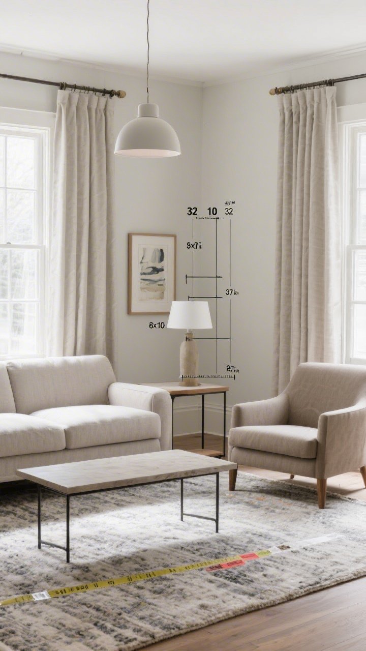 Medium shot: A living room corner showing precise measurements in action—an 8x10 rug with front legs of the sofa and accent chair on it, a coffee table 16 inches from the sofa, curtains hung high and wide (rod 6 inches above the window and 10 inches past each side), a framed art piece centered at 57 inches from the floor; include a pendant light over a side table measured 32 inches above the surface; subtle measuring tape and painter’s tape markers visible; natural daylight, slight corner angle.
